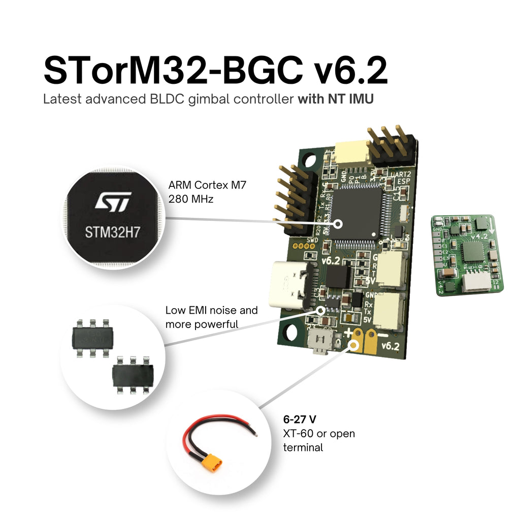 STorM32-BGC v6.2 gimbal controller with ARM Cortex-M7 processor on a white background